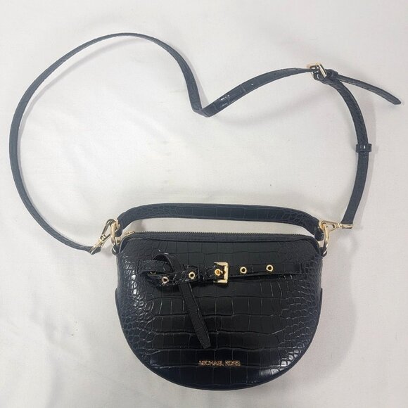 Michael Kors MK Emilia Medium Crocodile Embossed Shoulder Bag Purse Black